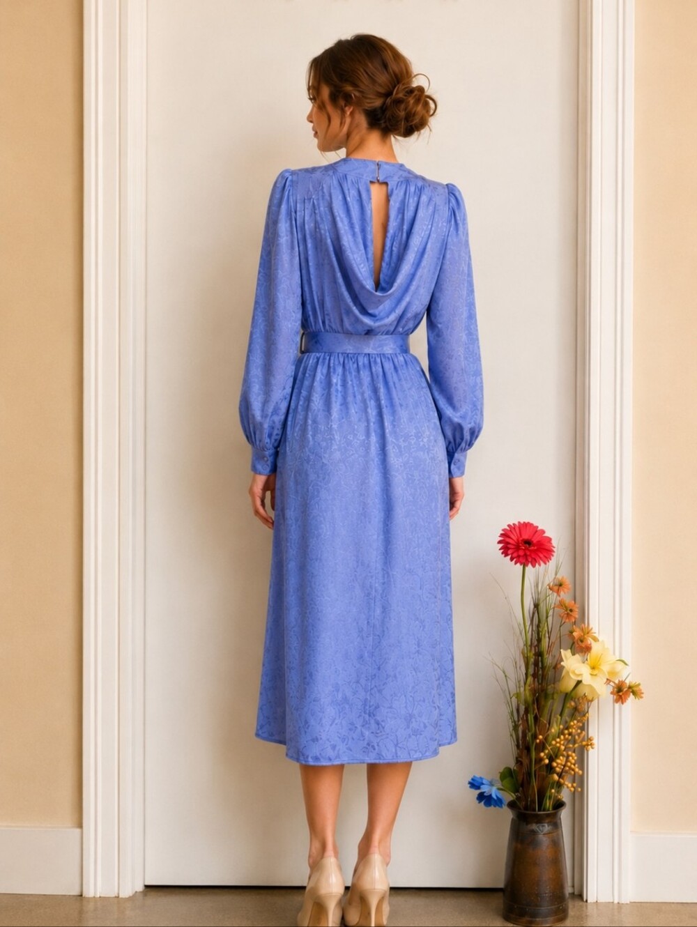 Vintage Periwinkle Blue 90's Silk Belted Dress with Cuffed Sleeves & Side Slit - Picture 3 of 12